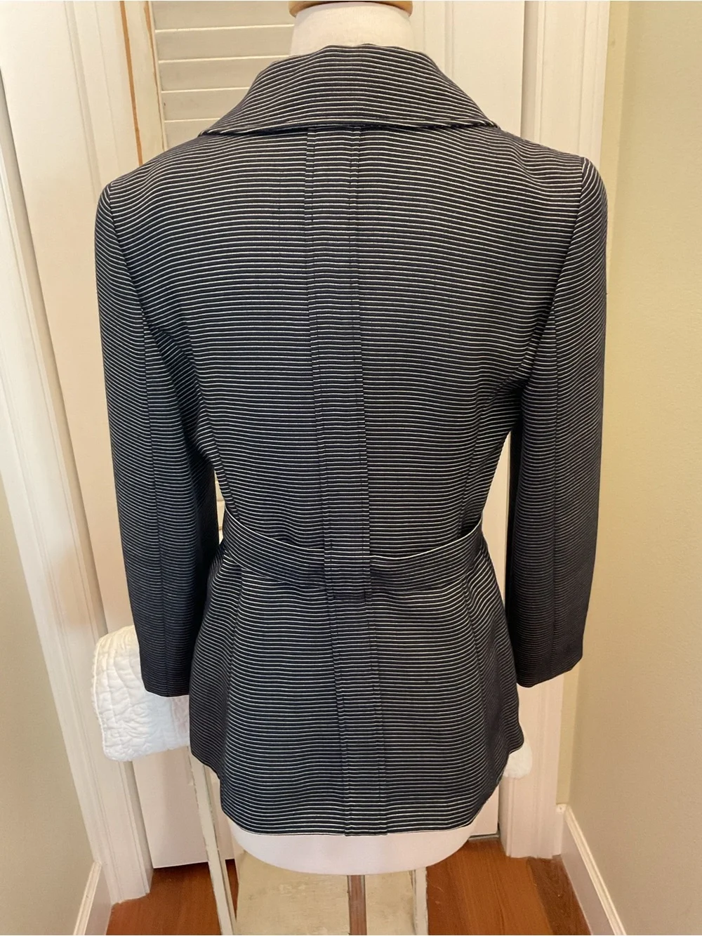 CHANEL Navy and White Pinstripe Tailored Blazer Jacket